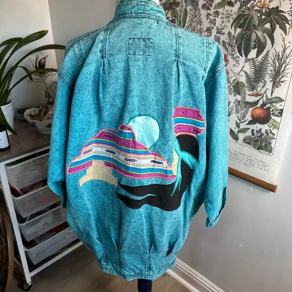 Vintage Sundance Turquoise Jean Jacket with Southwest Embroidery Large - Picture 4 of 8